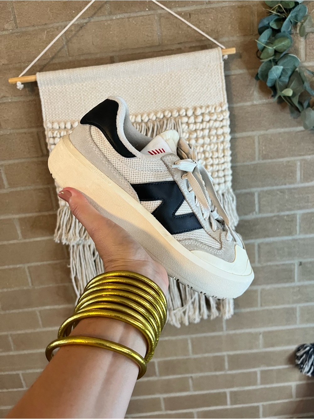 New Balance Women's Cream and Black Retro-Style Sneakers
